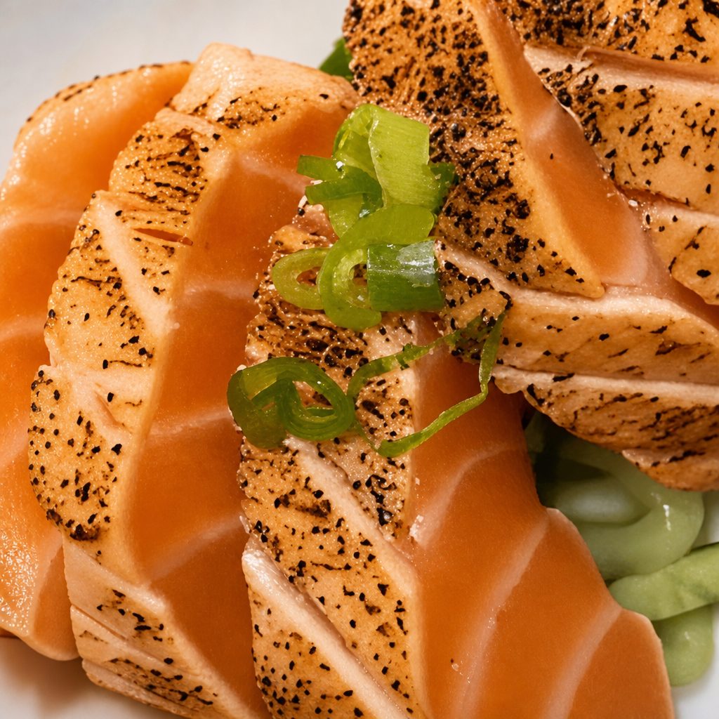 Spicy Seared Pepper Salmon Sashimi.