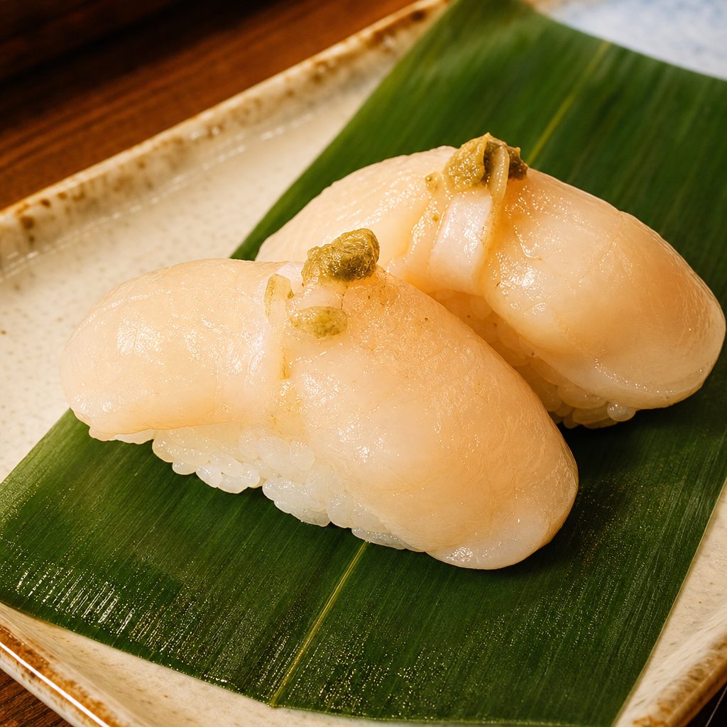 Seared Garlic Butter Hokkaido Jumbo Scallop Sushi.